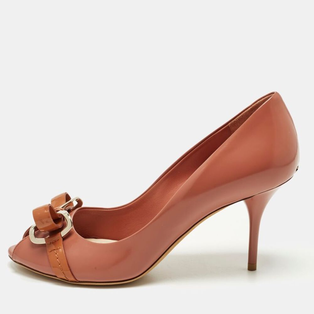 Dior Size 36 Pink/brown Leather And Patent Leather Bow Peep Toe Pumps